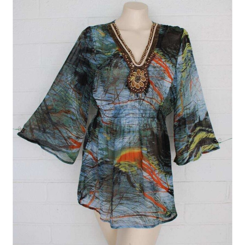 Mushka by Sienna Rose M Boho Artistic Colorful Sheer Heavily Beaded Tunic Top